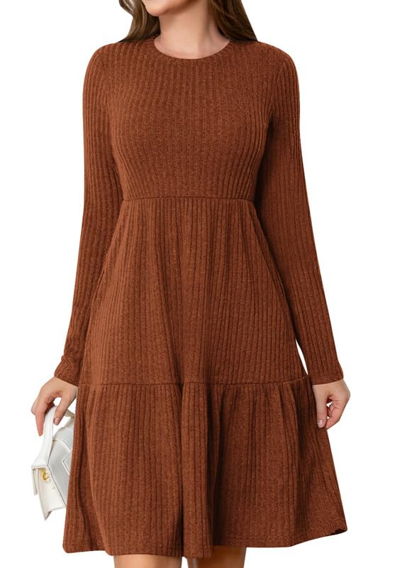 Ritiriko Womens Tunika Kleider für Damen Winter Crewneck Langarm Pulloverkleid Mit Tasche Casual Knie Länge Karamell M