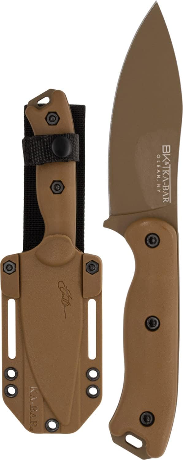 KA-BAR BK19 Becker Nessmuk Fixed Blade Knife 4.312" Drop Point 1095 Cro-Van Bronze Blade Ultramid Handle Tan
