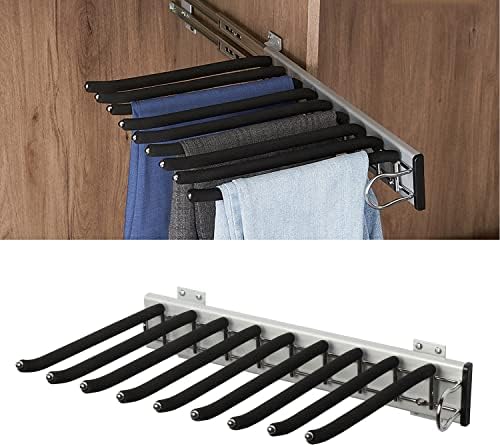 mopam Pull Out Trousers Rack 9 Arms Retractable Closet Pants Hanger Side Mounted Space Saving Trouser Hanger Rack, Right Side Installation, Black