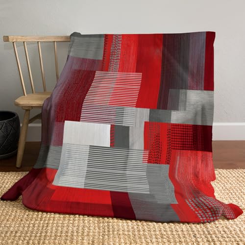 MLSOWM Plaid Couverture Polaire Flanelle Géométrie des Rayures Plaid Polaire Doux Et Chaude Bloc Gris Rouge Jeté de Canapé Couverture Sieste pour Couvre...