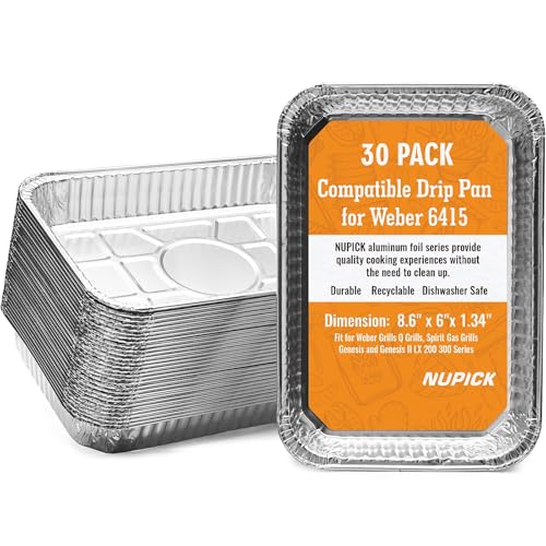 NUPICK 30 Pack Grill Drip Pans Compatible for Weber, 6415 Grill Accessories for Weber Spirit, Genesis, Traveler, Q Series - Grill Grease Pan Liners - Disposable Aluminum Foil Grease Trays - 8.5