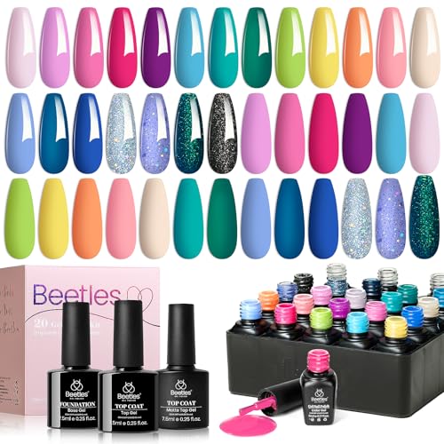 Image of Beetles Summer Gel Nail Polish Set- 23Pcs Color Gel Polish with Base Gel Top Coat Bright Colors, Gel Polish Kit Blue Pink Purple Orange Green Glitter Soak Off Uv Led Trendy Rainbow Nail Art