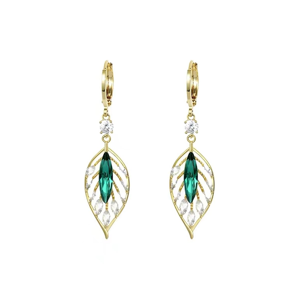 Green Leaf Vintage Court Style Earrings Sparkling Zircon Temperament Fashion Emerald Gemstone Elegant Earrings, Hypoallergenic Versatile Earrings, Party Everyday Clothing Jewelry