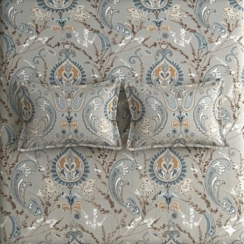 Image of Cotton Bolls Textiles Glace Cotton Flat Bedsheet 90x90 Inch with 2 Pillow Covers - Soft Breathable Glace Cotton, Printed Bedding Set for Double Bed