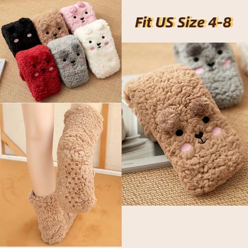 Cute Bear Fluffy Socks with Grip 2 Pairs Women Fuzzy Sock Non Slip Slipper Sock Cozy Warm Soft Sleep Home Winter Sock2