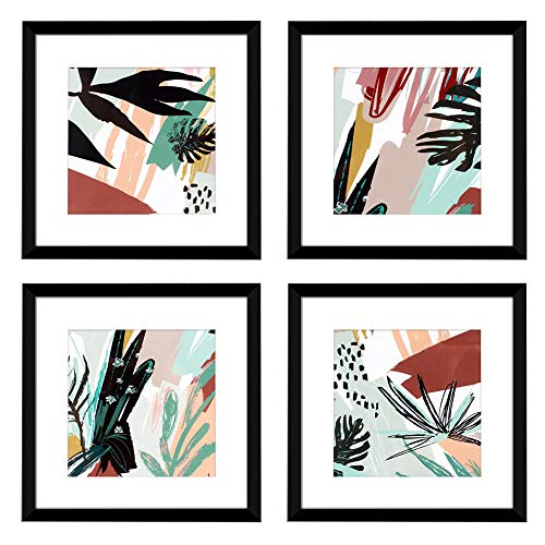 ArtbyHannah 10x10 Inch 4 Panels Abstract Wall Art Framed with Decorative Tropical Plant Prints Black Picture Frame Collage Set for Gallery Wall Kit or Home Decor
