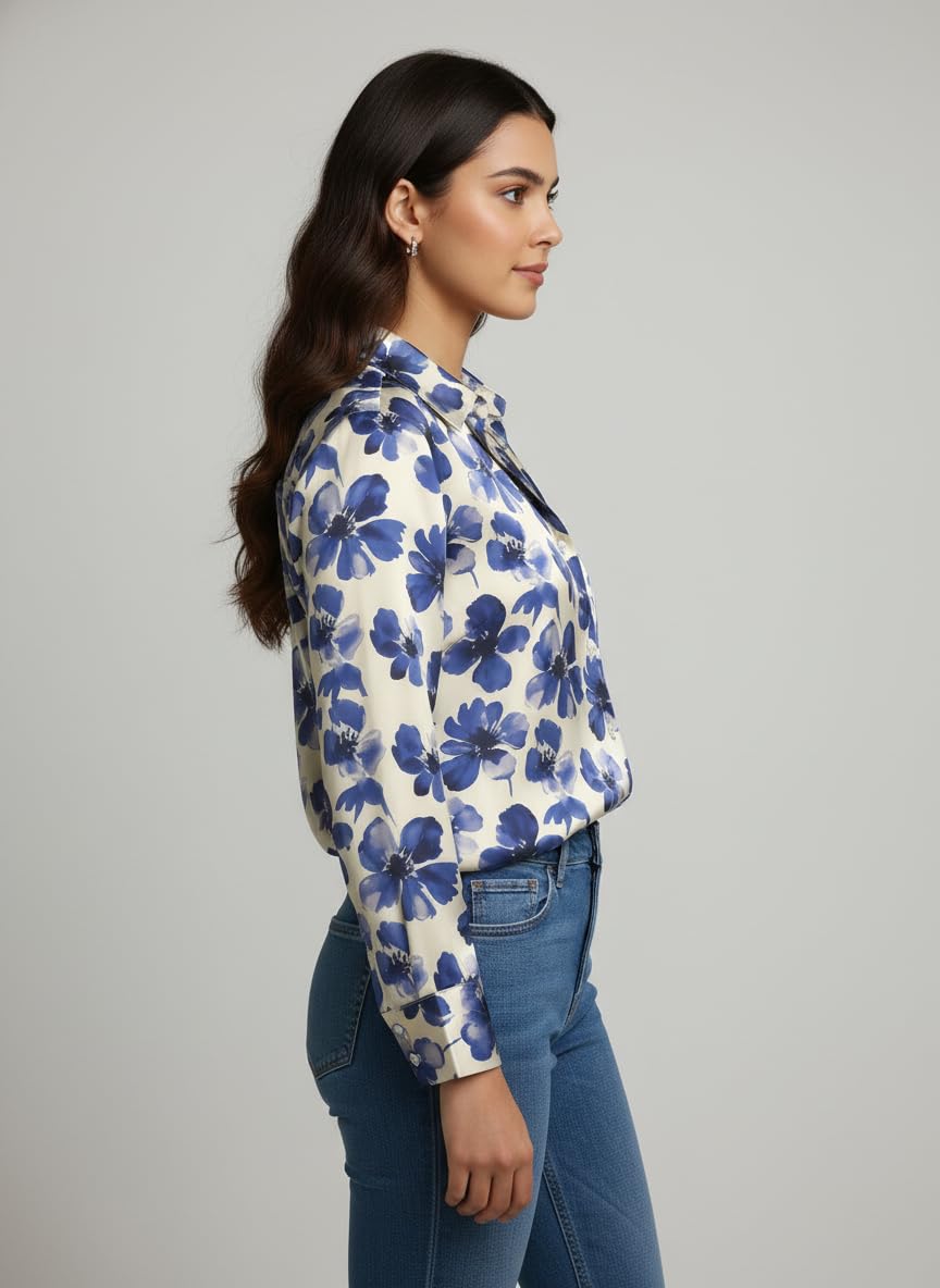 ANNI Designer Bedrucktes Damenhemd aus Baumwollmischgewebe, langärmelig, normale Passform, Hemdkragen, legere Bürokleidung, elegante Western-Kleidung für den Alltag, Hochzeit, Party