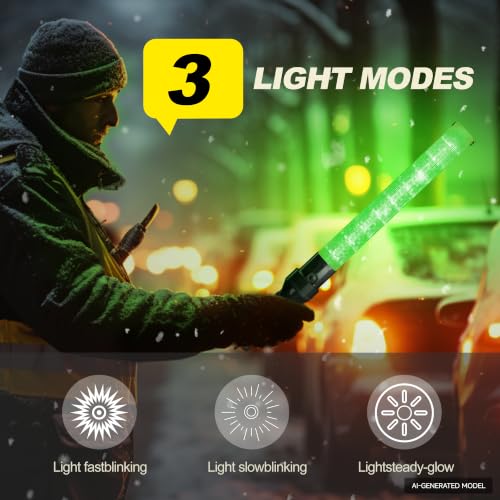 Image of E-riding 2 Pack Traffic Wand, 21 Inch Traffic Control Wand with 3 Flashing Modes & Side Clip, LED Safety Baton for Traffic Control, Parking, Aircraft, Car Directing (Green)