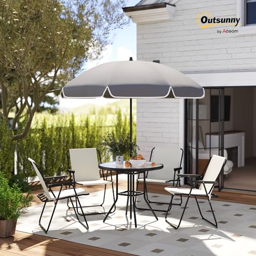 Outsunny 6 Piece Steel Garden Table and Chairs Set with Parasol, Furniture Set with 4 Folding Textilene Chairs and Round Glass Table, Outdoor Set for Patio, Terrace, Cream – Image 3