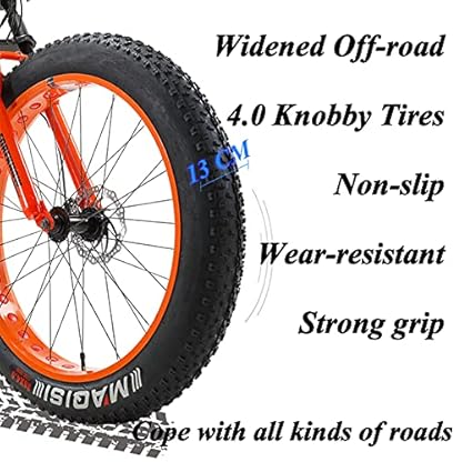YQCXG Mountainbikes, Fatbike für Männer und Frauen, 26-Zoll-Räder, 4 Zoll breite Stollenreifen, 7/21/24/27/30-Gang-Strand-Snow-Mountainbike, Doppelfederung und Doppelscheibenbremse, Blau – Bild 6