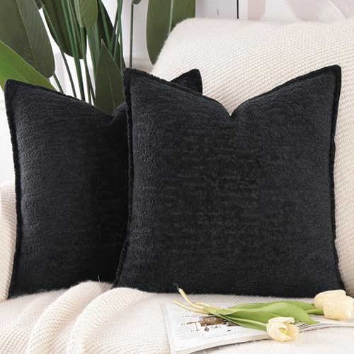 Madizz 2er Set Chenille Samt Kissenbezüge mit Rand Dekorativ Weiche neutrale Wurfkissen für Sofa Boho Akzent Zierkissenbezüge für Schlafzimmer Wohnzimmer Schwarz 40x40 cm