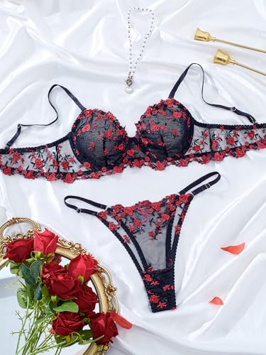 Image of Sexy Floral Embroidered Flower Mesh Underwire Push Up Lingerie Set