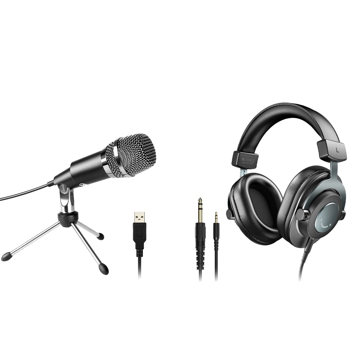 FIFINE USB Microphone and Over Ear Headphones, Condenser Home Studio Computer Microphone, Monitor Headphones Wired for Recording Streaming Podcast YouTube Skype Games (K668+H8)