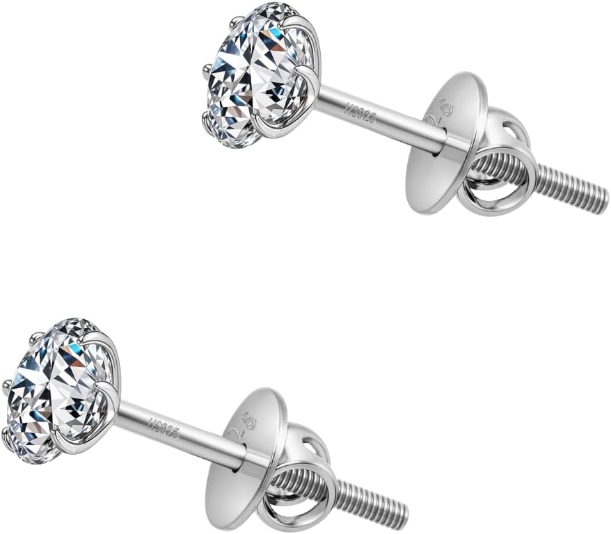 925 Silver Solitaire Screwback Stud Earrings | 92.5 Sterling Silver & Round Brilliant Cubic Zirconia Tops for Men Women