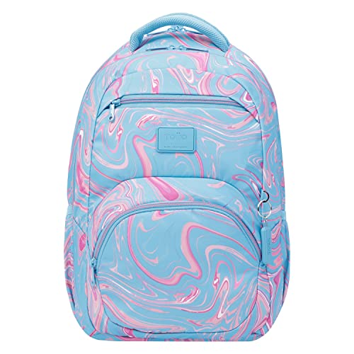 TOTTO - Mochila para Ordenador Portátil 14 Pulgadas, Modelo Tracer 4, Mochila Eco-Friendly, 3 Compartimentos, Cremalleras con Argolla para Candado, 2 Bolsillos para Botella, Estampado Azul y Rosa