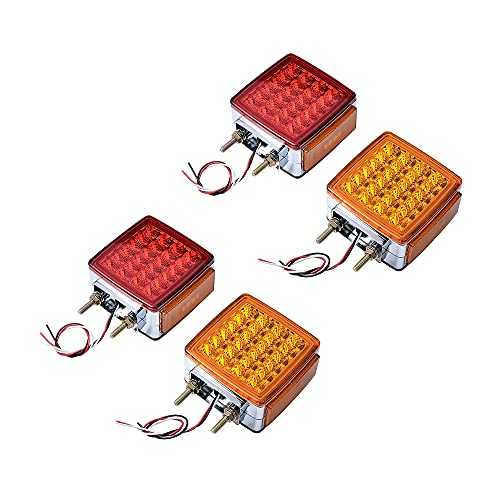 Astra Depot 4X Square 51 LED Trailer Fender Marker Turn Signal Lights Double Face Pedestal Corner Light Reflector Double Face AMBER RED For Tractor Semi-Trailer Bus Boat