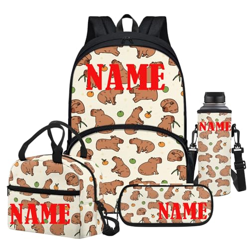4Piece Personalized Cartoon Capybara Backpack Kids Schoolbag Sets with Lunch Box,Pencil Case Water Holder Sleeve Crossbody Bag for Boy Girl 9-10,17Inch Large Capacity Bookbag Casual Daypack