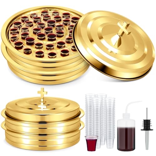 Zhehao 2 Sets Holy Communion Trays With Lid, Cup Fillers, and 100 Disposable Cups for Churches (Golden)