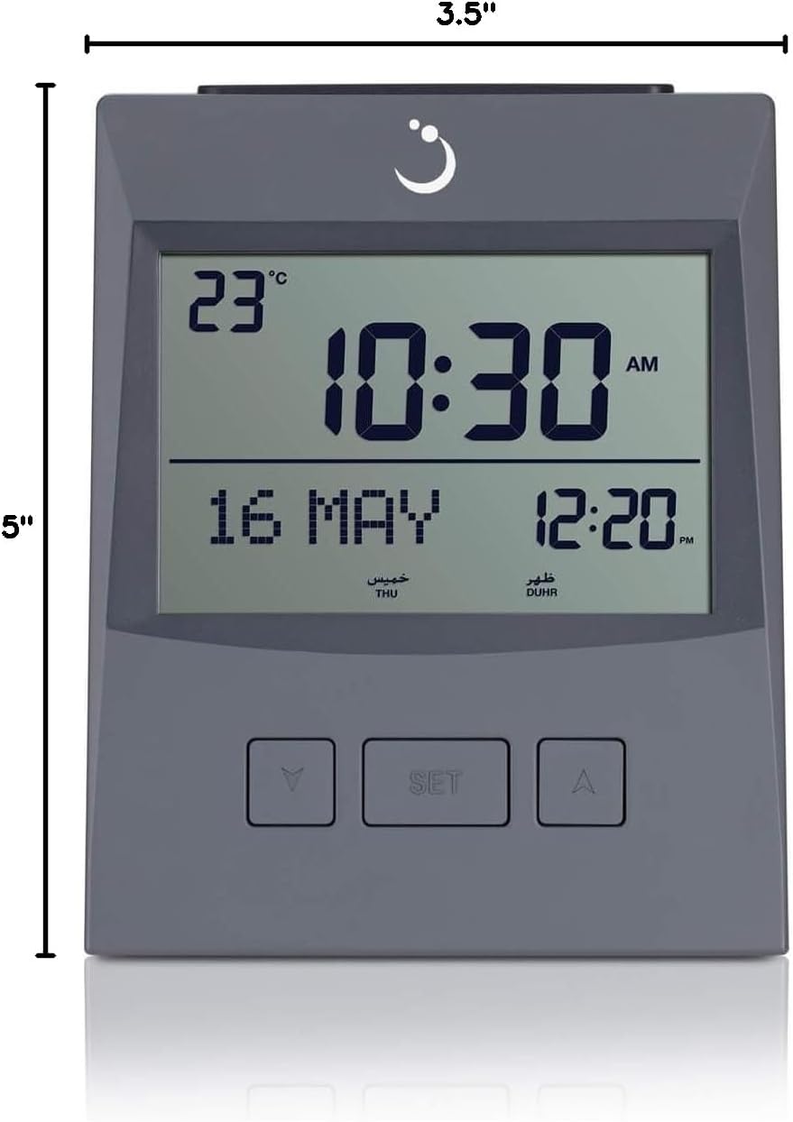 ALFAJR Azan Clock CS-13 Table Clock, Automatic Athan Prayer Alarm Grey