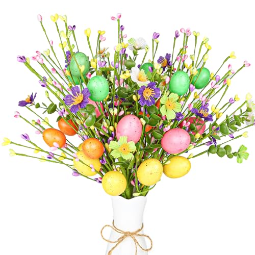 Lotus Hills, 6 Pcs Easter Eggs Floral Picks with Flowers, Artificial Plant Decor, 17 inches, for Spring Easter Décor, Table Centerpieces, Gifts