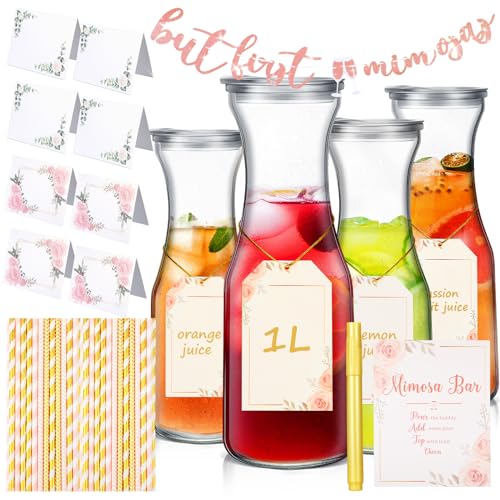 Sunnychicc Water Carafes with Lids Mimosa Bar Kit Mimosa Bar Sign Poster 4 Champagne Bottle Tag 8 Table Card 25 Paper Straws 1 Banner for Bridal Baby Shower Brunch Wedding Fiesta Bar Decor(Round)