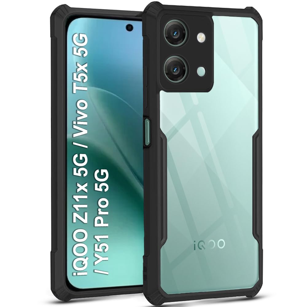 TheGiftKart Back Cover Case for iQOO Z11x 5G / Vivo T5x 5G / Vivo Y51 Pro 5G | Shockproof Crystal Clear Transparent Back | 360 Degree Protection | iQOO Z11x Back Cover (PC & TPU, Black Bumper)