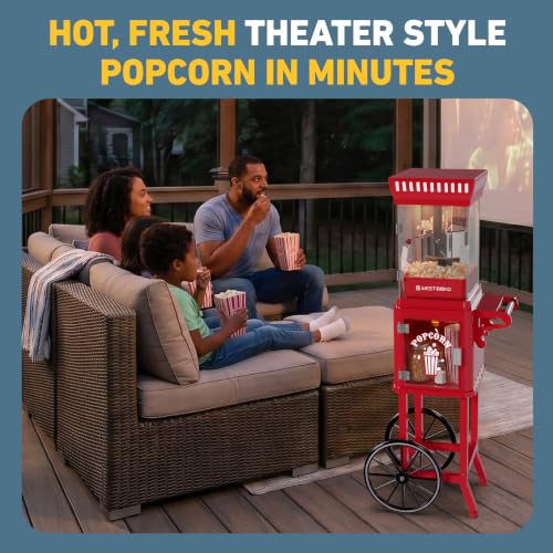 Image of West Bend Popcorn Cart Vintage Theater Style with 2.5 oz Stainless Steel Kettle, Removable Serving Tray, Built-In Storage, Portable Design, 10 Cup Capacity, in Red /Silver