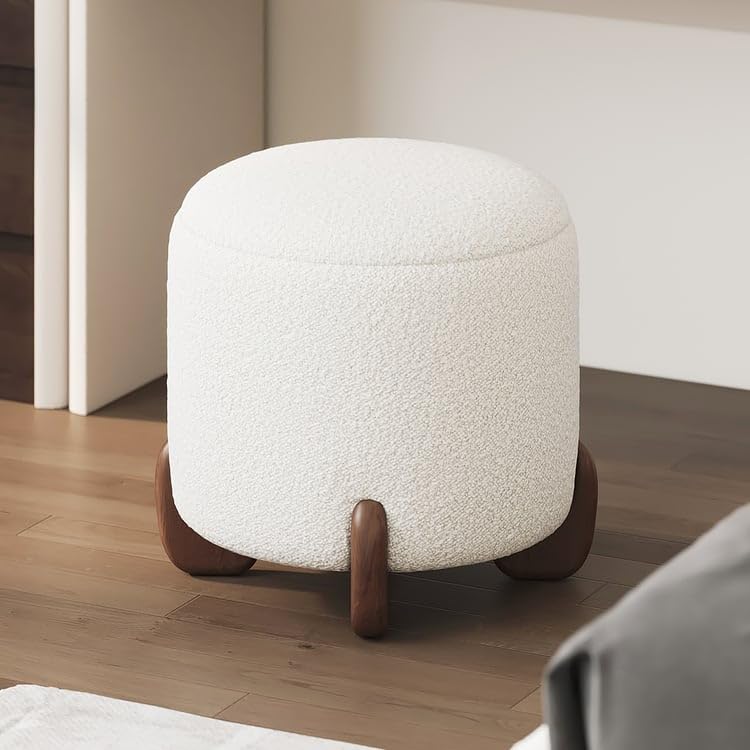 Unique Furniture HUB -Curva Boucle Vanity Stool with Lifted Top Storage Round Ottoman with Walnut Legs-image-37