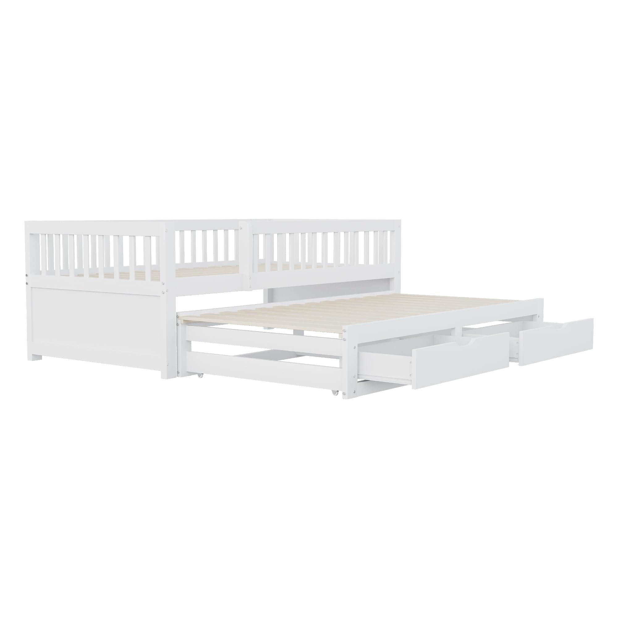Dolamaní Kinderbett 90x200 cm mit Ausziehbares Bett, Bodenbett mit 2 Schubladen Darunter, Ausziehbett mit Lattenrost, Gästebett Jugendzimmer Kojenbett ohne Matratze (Weiß)