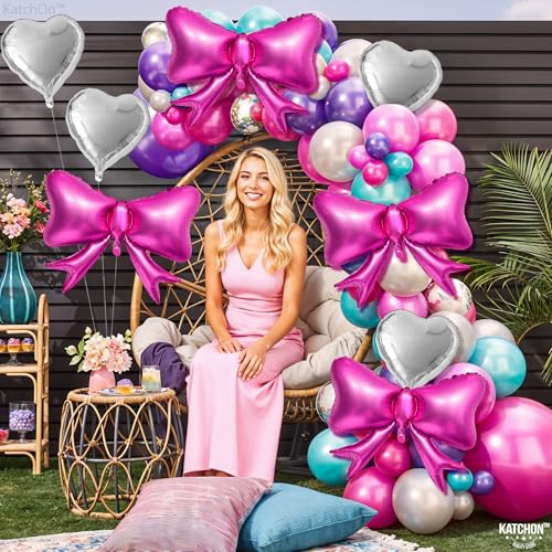 Image of KatchOn Silver Foil Heart Balloons Set - 25 Inch, Pack of 8 | Pink Bow Balloons, Heart Shaped Balloons for Galentines & Valentines Day Decorations