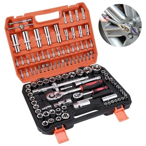 S SUNSBELL 108 Pieces Socket Ratchet Wrench Set - Professional 1/4" 1/2" Drive Socket Wrench Set with Bit Socket Set Metric, Extension Bar and Storage Case for Auto Repairing and Household Cover