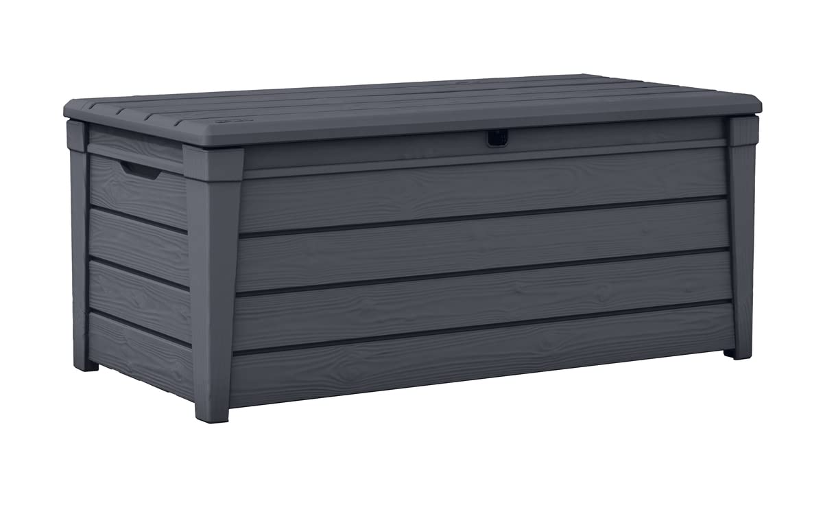 Keter Brightwood Gartenbox 455L - Aufbewahrungsbox mit Sitzfunktion für 2 Personen - Wetterbeständige Terrassenbox in Holzoptik Grau