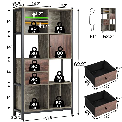 62.2 Inch Height Bookcase With Drawer Door Records Stand, 5 Tier Bookshelf Industrial Book Shelf, Rustic Wood Metal Frame Bookcases And Bookshelves File Cabinet For Home Office, Living Room, Bedroom #TOP2