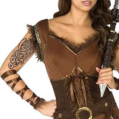 2x Viking axe Temporary tattoodragon nordic black stick tribal barbarian celtic warrior on body art sticker transfer arms shoulder back for adult men women medieval fancy dress