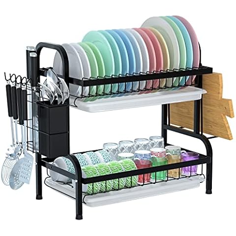 Averrex 2 Tiers Dish Drying Rack, Stainless Steel Dish Drainer Rack with Drip Trays, Utensil Holder and Cutting Board Rack Kitchen Draining Rack Organiser for Kitchen Countertop (Black) Cover