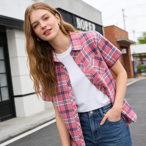 Image of SANGTREE Girls and Women Plaid Shirt Short Sleeve Button Down Summer Blouses Tops