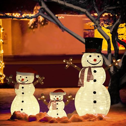 MUPATER Lighted Outdoor Christmas Decoration 3-Piece Snowman Family Holiday Decor Set with 270 LED Lights and Ground Stakes