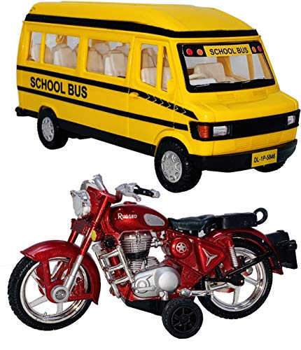 Wishmaster Small Size Indian Vehicle Model Pack of 2 Made of Plastic Safe Pull Back Toys | Color May Vary | Toys for Kids | Gifts [ 2 Combo Offer ] (TT School Bus + Indian Motor Bike)