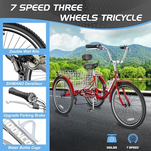 Slsy Adult Tricycles 7 Speed, Adult Trikes 20/24/26 inch 3 Wheel Bikes, Three-Wheeled Bicycles Cruise Trike with Shopping Basket for Seniors, Women, Men. - Thumbnail 3