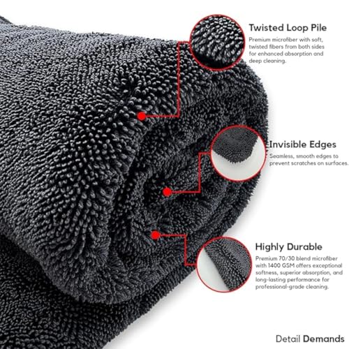Image of 1200 GSM Microfiber Car Cleaning Cloth - Grey, Twisted Loop, Edgeless, Plush Pile Towel for Car Wash, Drying & Auto Detailing (Grey)