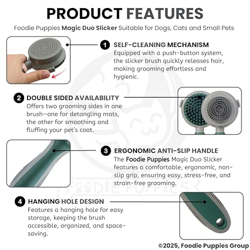 Image of Foodie Puppies Pet Self Cleaning Grooming Massager Slicker Brush for Dogs & Cats - (Magic Duo Slicker) Effortless Undercoat Removal, Stress-Relieving Massaging Tool, Ideal for Long & Short Hair