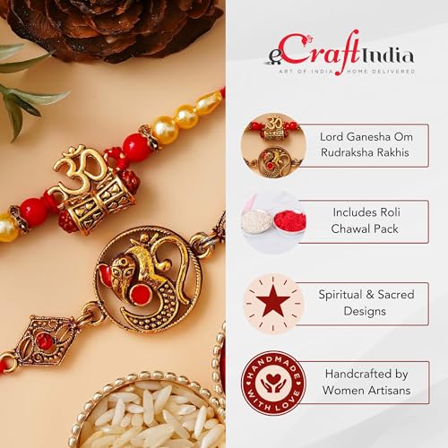 Image of eCraftIndia Set of 2 Peacock Feather Floral Designer Rakhi for Brother Bhaiya Bhai Boys Kids | Roli Chawal Pack