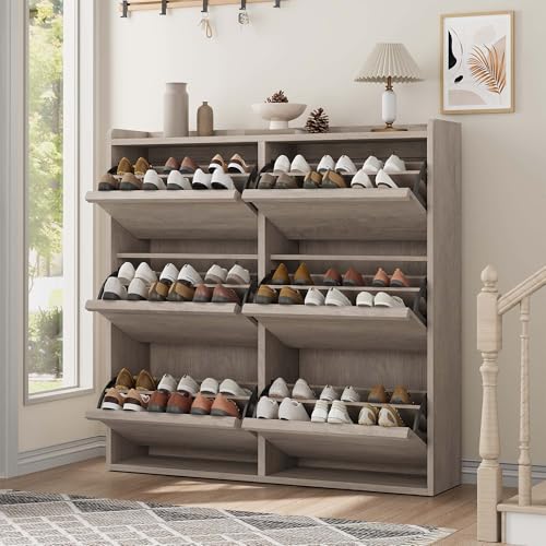 GarveeHome Shoe Cabinet with 6 Flip Drawers, Wooden Shoe Organizer Cabinet with Adjustable Shelf, Shoe Storage for Entryway, Hidden Shoe Cabinet for H