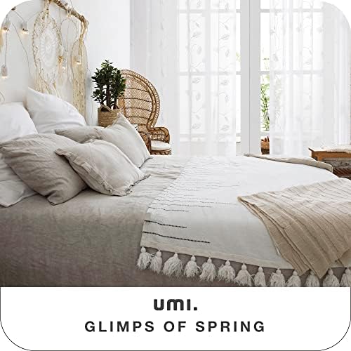 Amazon Brand - Umi Christmas Decorations Embroidered Leaves Pattern Sheer Curtains Eyelets Linen Effect Voile Curtains Super Soft Net Curtains for Living Room 55 x 54 White Two Panels