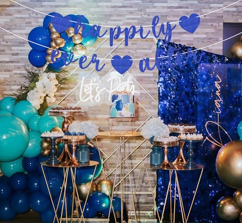 Image of Pre-Strung Happily Ever After Banner - Royal Blue Glitter Bachelorette Bridal Engagement Party Decoration Supplies, Bachelorette Wedding Party Banner for Engagement, Bridal Shower, Wedding Party Photo Booth Props