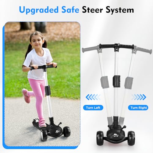 3 Wheel Electric Scooter for Kids Ages 3-12, w/LED Lights, Sticker, Wide Deck, 3 Adjustable Heights, 90min Riding, BLISSRIDE Foldable Kick Scooter for Boys & Girls, Black
