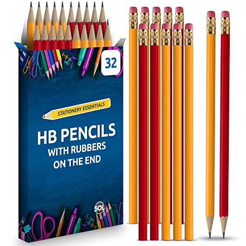 SOL 32pk HB Pencils with Erasers, Strong Graphite Lead for Smooth Writing and Drawing, Eraser-Tipped Design for School, Office, Art, Sketching and Everyday Use