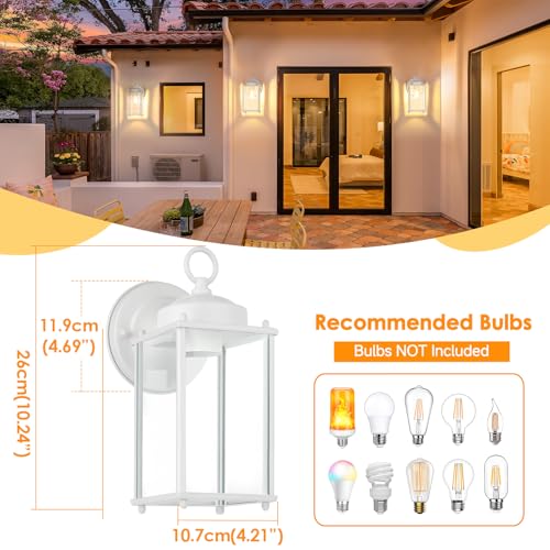 Image of MATAMEYE Large Outdoor Wall Lantern, Exterior Waterproof Wall Sconce Light Fixtures, White Front Door Lighting with Clear Beveled Glass, Anti-Rust E26 Socket Porch Lamp, 2 Pack