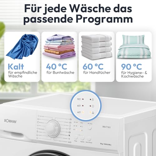 Bomann® Waschmaschine 6kg | max. 1000 U/Min. | 5 Jahre Motor-Garantie | bürstenloser DC-Motor: effizient, leise und langlebig | Temperatur bis zu 90°C | 16 Programme | Washing Machine | WA 7161