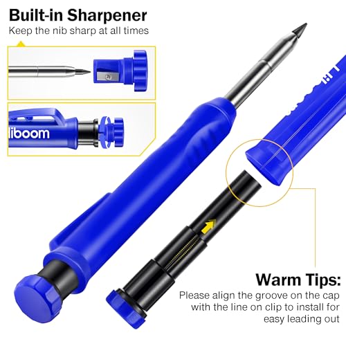 Hiboom 2 Pack Solid Carpenter Pencil with 14 Refill, Long Nosed Deep Hole Mechanical Pencil Marker with Built-in Sharpener for Carpenter Woodworking Architect with Design Patent (Black, Blue)